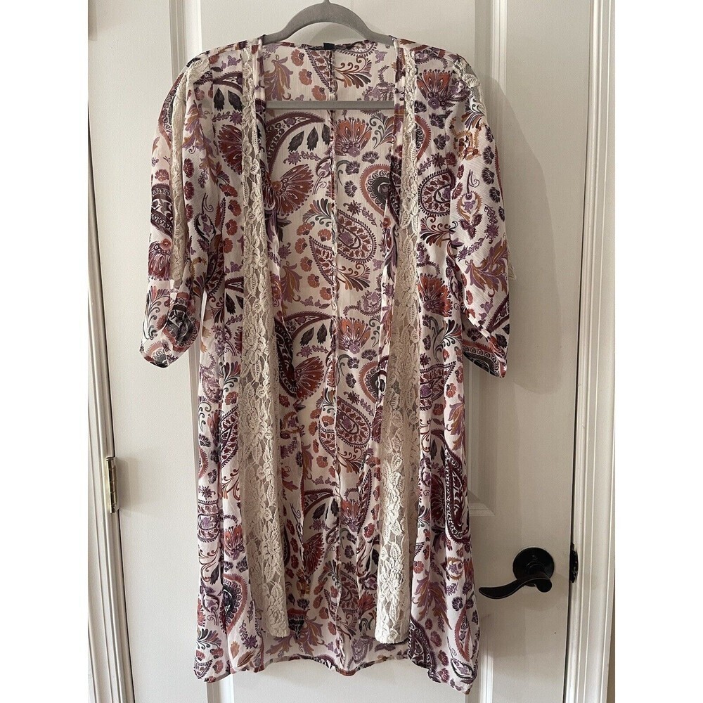 American Eagle Women’s Size XS Paisley Print Lace Trim Boho Kimono - Picture 2 of 9